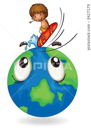 boy surfing on earth globe boy surfing on earth globe 8427179