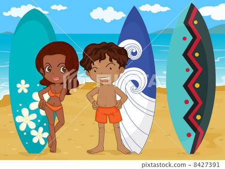a boy and girl with surf pad a boy and girl with surf pad 8427391