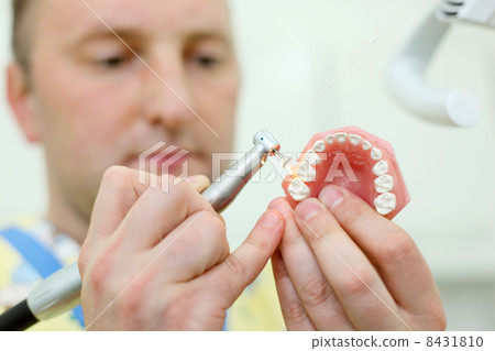 Dentist polishes artificial jaw in dental clinic. Shallow depth 8431810