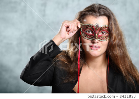 Portrait of beautiful long, brown hair young girl in mask in photo studio, half body Portrait of beautiful long, brown hair young girl in mask in photo studio, half body 8431953