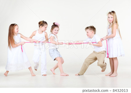 Four happy little girls and one boy in white clothes draw over p Four happy little girls and one boy in white clothes draw over p 8432013