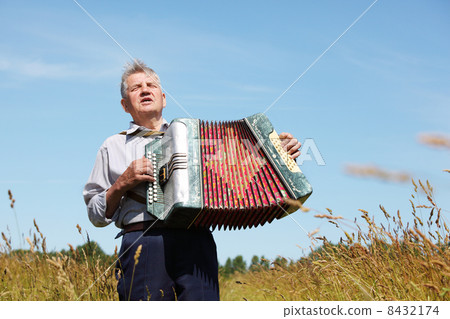 Grandfather in shirt hold, play on accordion, sink in field 8432174