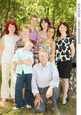 Family of eight people pose at park 8432478