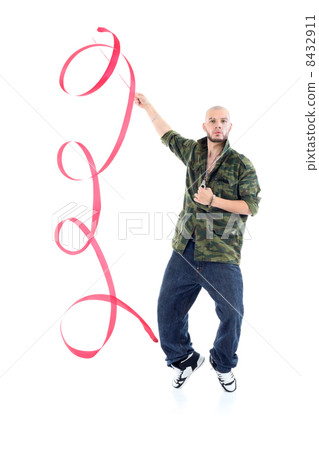 Rapper in camouflage jacket with ribbon stands on tiptoes isolat 8432911