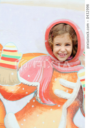 Smiling pretty girl stucks head in plywood scenery at fair - win Smiling pretty girl stucks head in plywood scenery at fair - win 8432996