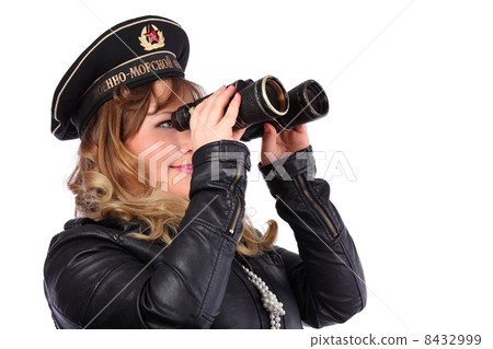 Beautiful woman wearing leather jacket and peakless cap of USSR Beautiful woman wearing leather jacket and peakless cap of USSR 8432999