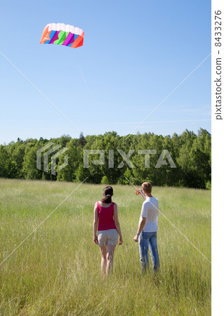 Wife, husband launch kite in field near wood, back 8433276
