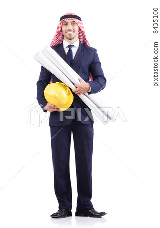 Arab engineer with drawings on white Arab engineer with drawings on white 8435100