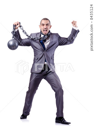 Businessman with shackles on white Businessman with shackles on white 8435124