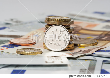 one ruble and the euro (coins and banknotes) 8437748