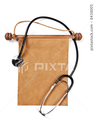 Blank parchment manuscript and stethoscope Blank parchment manuscript and stethoscope 8438005