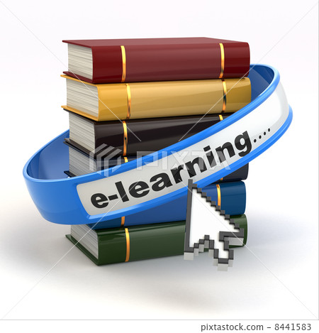 E-learning. Books and mouse cursor on white background. 8441583