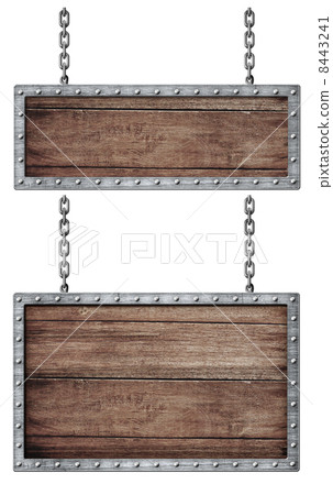 medieval signboards set with chains isolated on white medieval signboards set with chains isolated on white 8443241