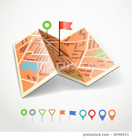Folded abstract city map with collection of color point pins 8446951