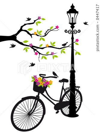old bicycle with lamp, flowers and tree, vector background old bicycle with lamp, flowers and tree, vector background 8447417