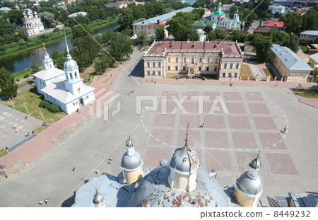People on Kremlin square with Alexander Nevsky church, Belfry Sophia cathedral, Holy Resurrection cathedral in Vologda, Russia, view from above 8449232