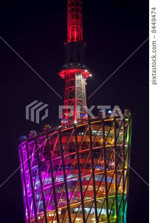 GUANGZHOU - NOV 23: Upper part of TV tower at night, Nov 23, 201 GUANGZHOU - NOV 23: Upper part of TV tower at night, Nov 23, 201 8449474