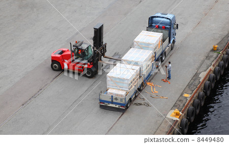 Small auto-loader unload truck, labourer help, view from above Small auto-loader unload truck, labourer help, view from above 8449480