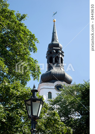 st. Mary Cathedral with clock in green leaves in Tallinn old town, Estonia 8449630