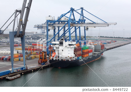 Cargo ship in Copenhagen seaport at misty morning, Denmark; ship Cargo ship in Copenhagen seaport at misty morning, Denmark; ship 8449722