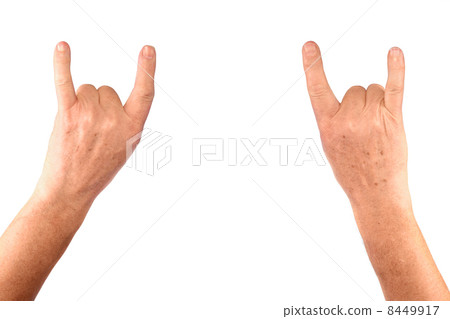 Senior man hands show goat, rock gesture, isolatet Senior man hands show goat, rock gesture, isolatet 8449917
