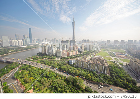 Guangzhou Pearl river, Canton TV Tower, International Finance Center, road, bridge in morning in Guangzhou, China. 8450123