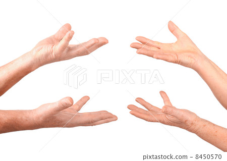 senior hands show hold on palms gesture, isolated 8450570
