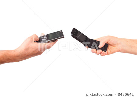 man, woman senior hands hold mobile phones, isolated 8450641