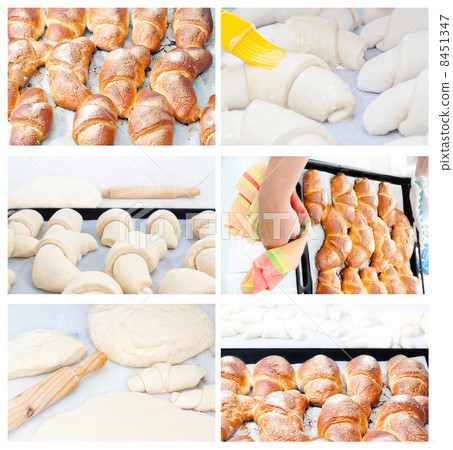 Collection set of images of croissants baking pies. 8451347