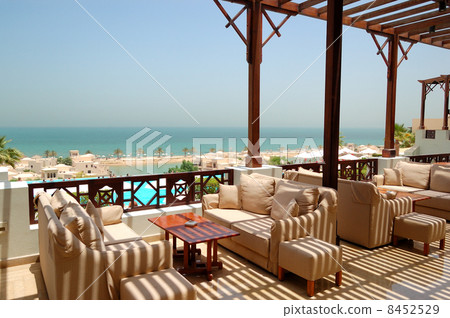 Sea view terrace at luxury hotel, Ras Al Khaimah, UAE 8452529