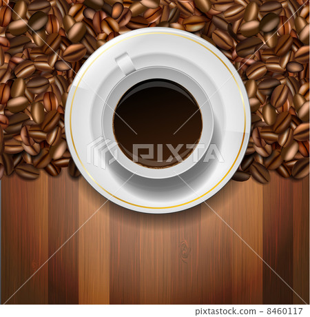 Cup and coffee beans on wooden background Cup and coffee beans on wooden background 8460117