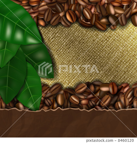 Burlap background with coffee beans and leaves Burlap background with coffee beans and leaves 8460120