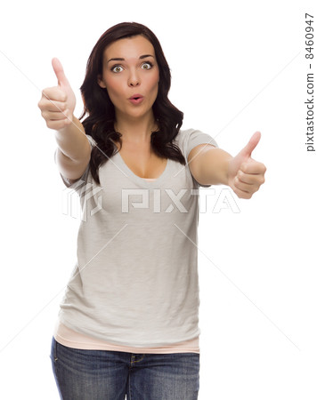 Wide Eyed Mixed Race Model Giving Thumbs Up on White 8460947