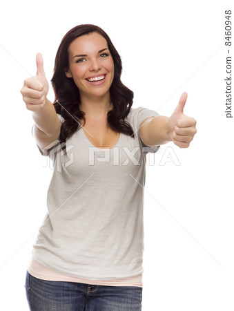 Pretty Mixed Race Female Model Giving Thumbs Up on White 8460948