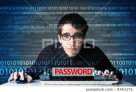 Stock Photo: Young geek hacker stealing password