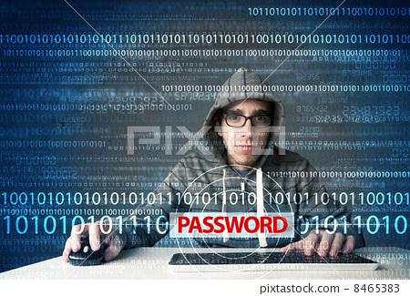 Stock Photo: Young geek hacker stealing password