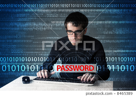 Stock Photo: Young geek hacker stealing password