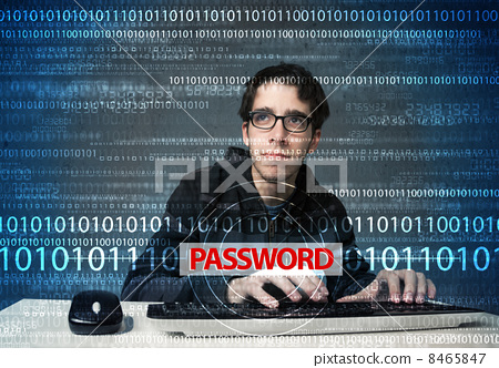 Stock Photo: Young geek hacker stealing password