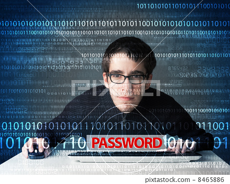 Stock Photo: Young geek hacker stealing password