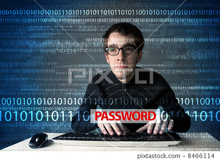 Stock Photo: Young geek hacker stealing password