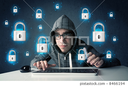 Stock Photo: Young hacker with virtual lock symbols and icons