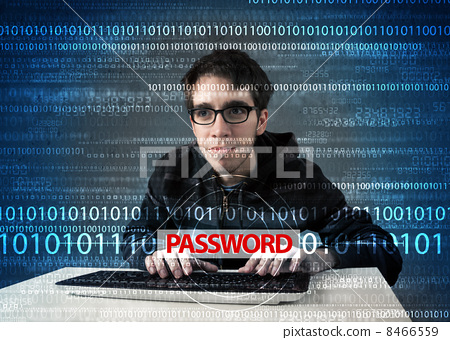 Stock Photo: Young geek hacker stealing password