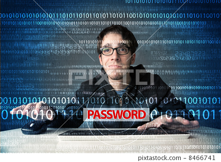 Stock Photo: Young geek hacker stealing password