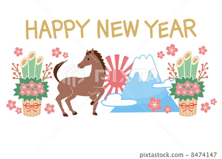 New year's cards horse and Mt. Fuji, Kadoma and Flower 8474147