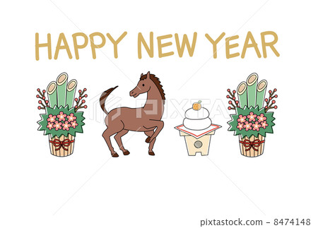 新年賀卡馬，Kadomatsu和Kagami蛋糕（帶輪廓） 8474148