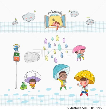 illustration : the children on the rainy day with melancholy