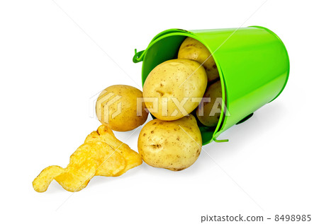 Potatoes yellow in a green bucket with chips 8498985
