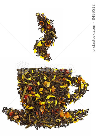 Mixture of dry tea in a cup with steam 8499512