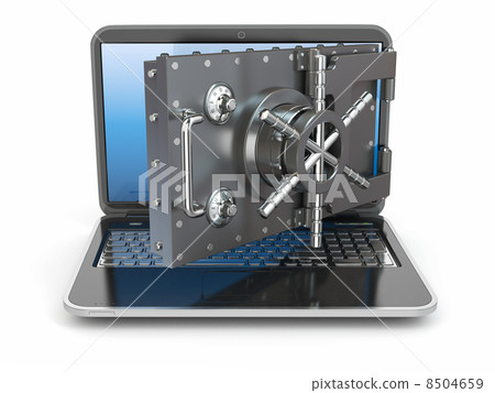 Internet security.Laptop and opening safe deposit box's door. 8504659