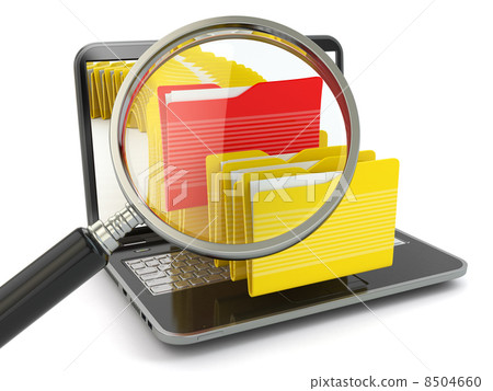 Search folder. Laptop, loupe and files. 8504660